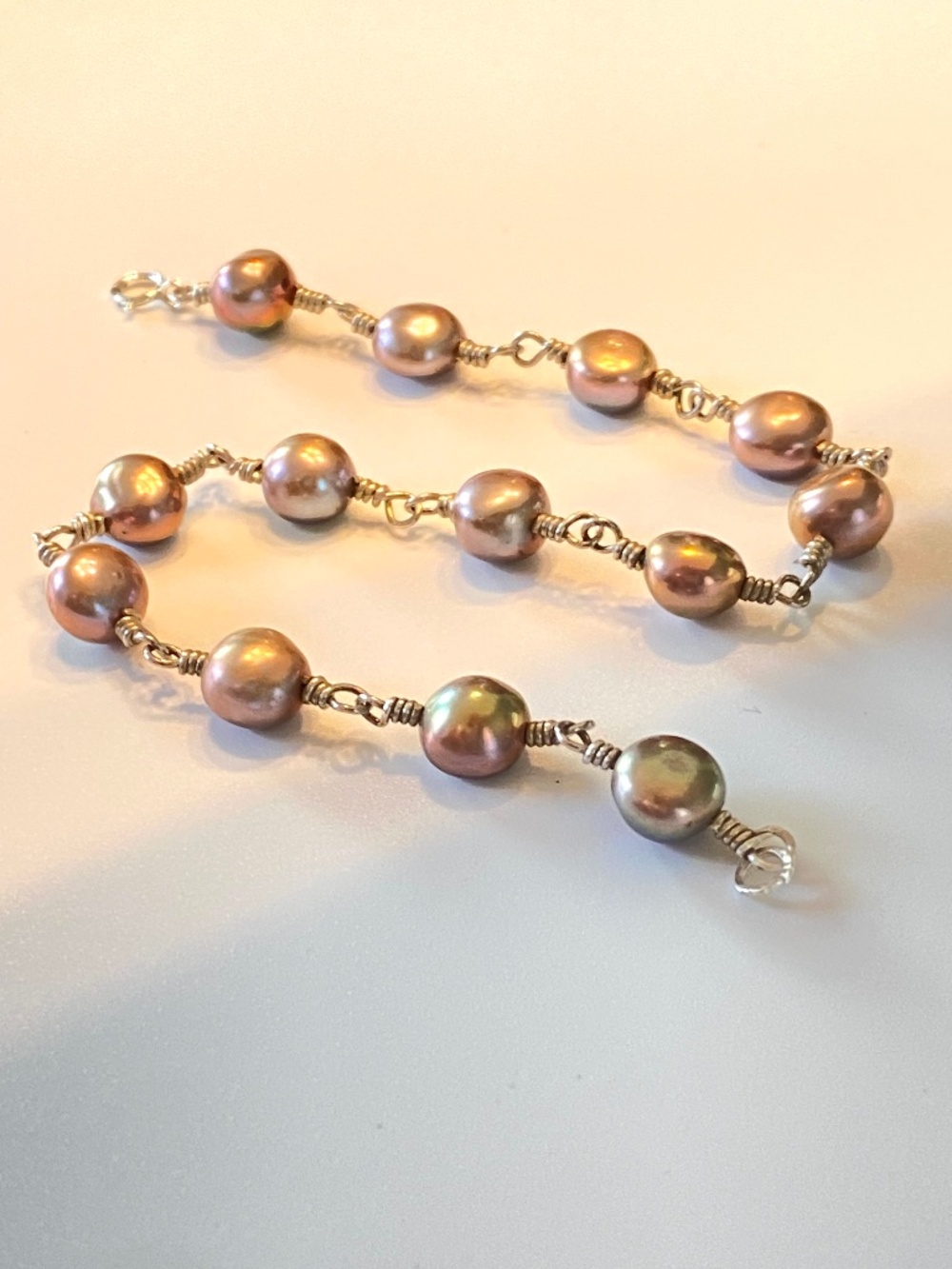8” Rose Peacock Cultured Pearl Bracelet Oil Slick Iridescent 925 Sterling Silver